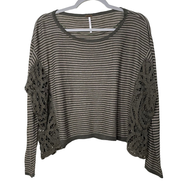 Free People Womens Olive Green Stripe Long Sleeve Lace Crop Oversize Top Size XS - Picture 1 of 8